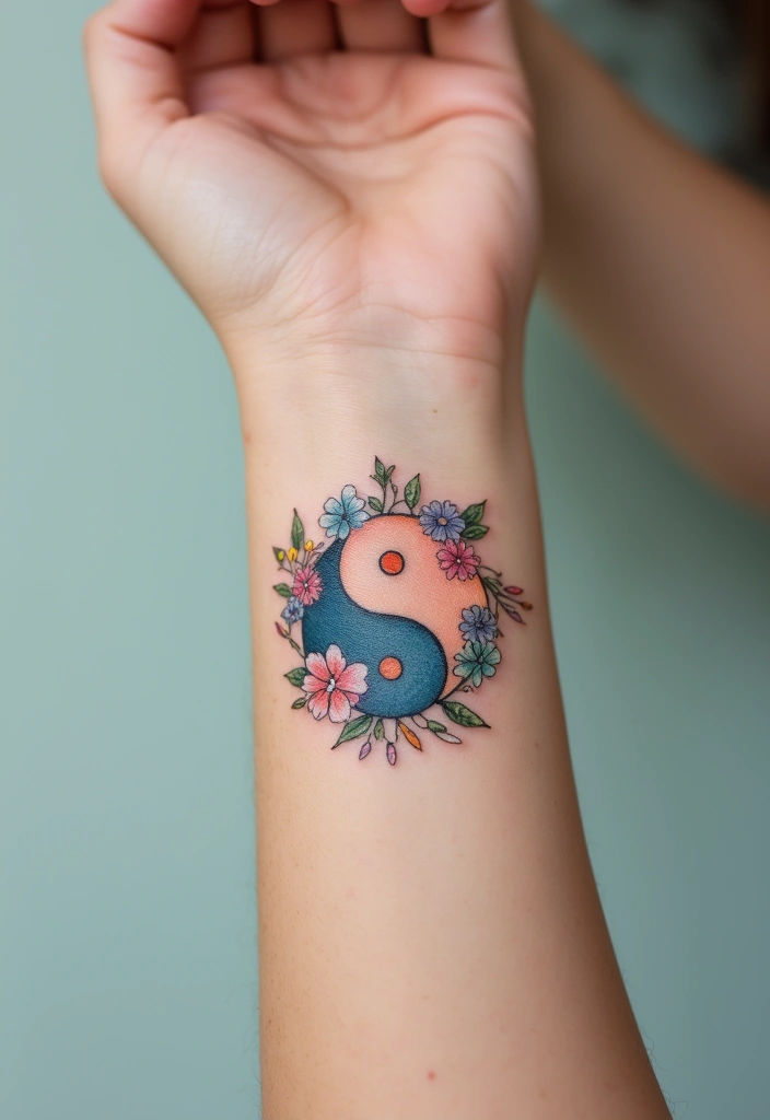 30 Yin Yang Wrist Tattoo Ideas for Balance and Harmony 6 30 Yin Yang Wrist Tattoo Ideas for Balance and Harmony - 6. Floral Yin Yang