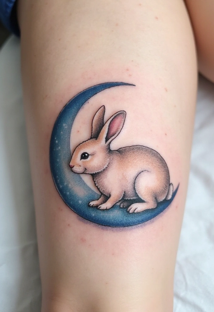 30 American Traditional Rabbit Tattoo Inspirations - 7. The Rabbit and the Moon