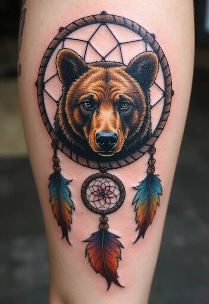 30 Bear Shoulder Tattoo Inspirations with Power and Strength - 7. Bear in Dreamcatcher
