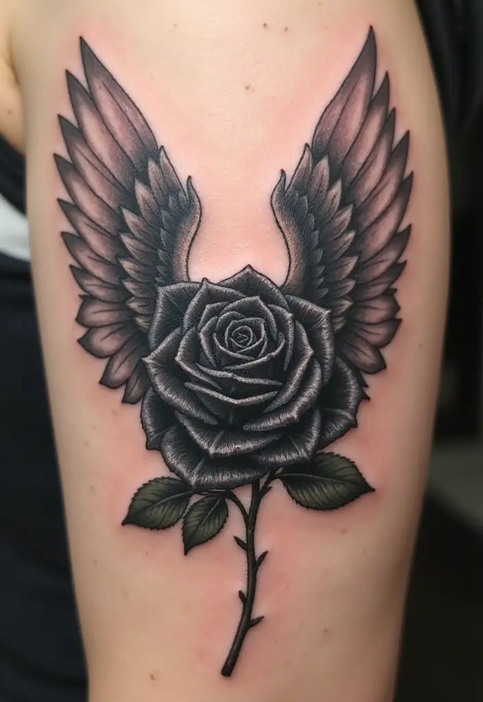 30 Black Rose Tattoo Meaning and Design Inspirations - 7. Black Rose with Angel Wings