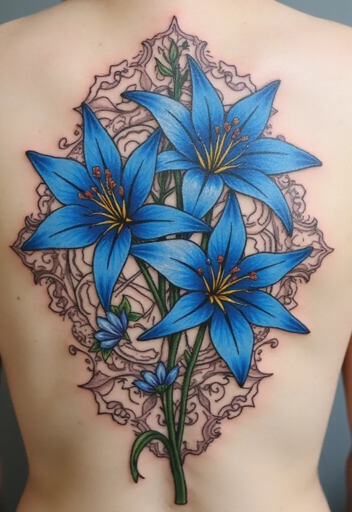 30 Blue Lily Tattoo Designs That Look Elegant - 7. Intricate Blue Lily and Mandala