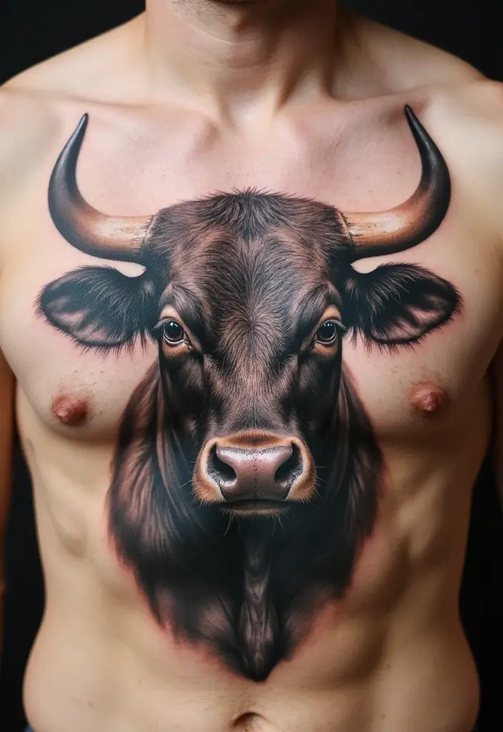 30 Bull Tattoo Chest Ideas Full of Strength - 7. Realistic Bull Portrait