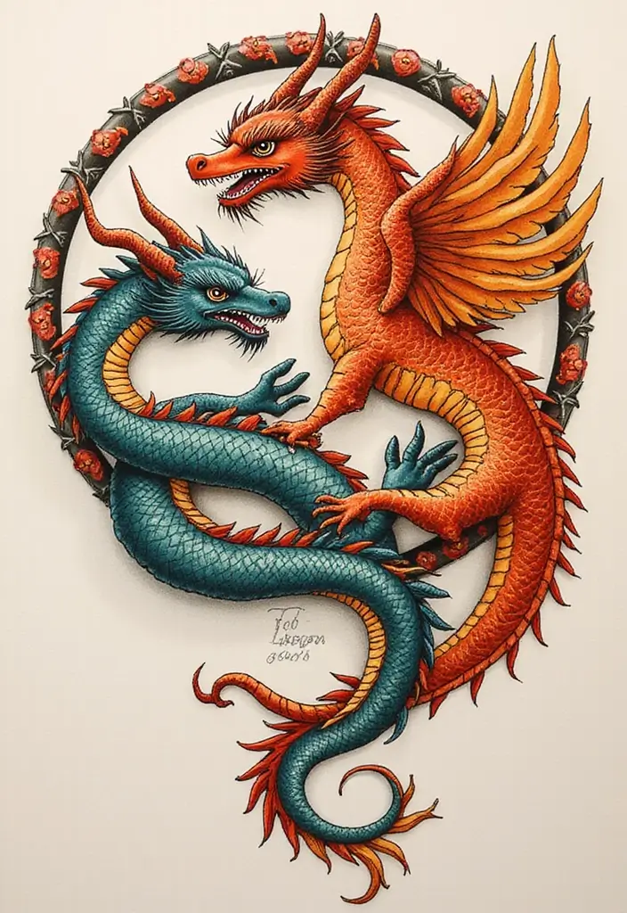 30 Chinese Dragon Tattoo Meaning and Artistic Designs - 7. The Dragon and Phoenix Harmony