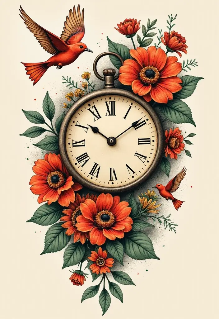 30 Clock and Rose Tattoos That Symbolize Time and Love - 7. Floral Clock with Birds