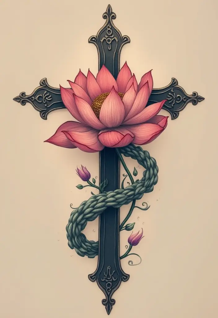 30 Cross with Flowers Tattoo Ideas That Blend Faith and Beauty - 7. Cross and Lotus Flower