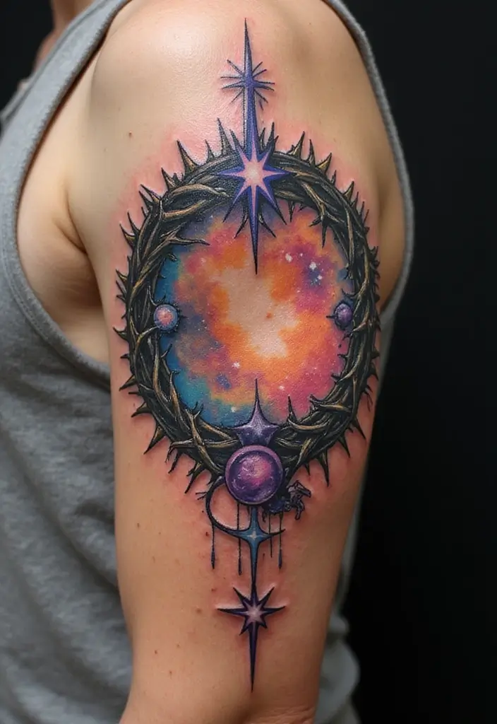 30 Crown of Thorns Bicep Tattoo Inspirations You’ll Admire - 7. Celestial Elements