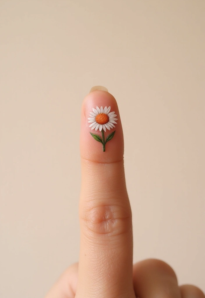 30 Daisy April Birth Flower Tattoo Designs You’ll Love - 7. Small Daisy on the Finger
