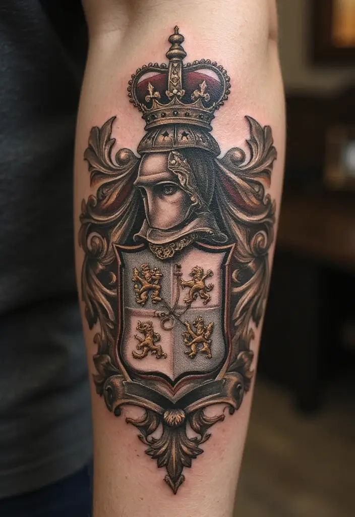 30 Family Crest Arm Tattoos That Carry Heritage - 7. Vintage Styles with Heritage