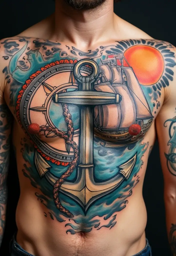 30 Full Chest Tattoos for Men with Powerful Visual Impact - 7. Nautical Themes