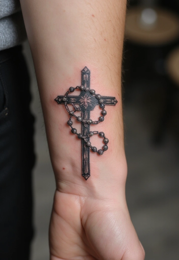 30 Hand Cross Tattoos That Blend Faith and Style - 7. Cross with Rosary Beads