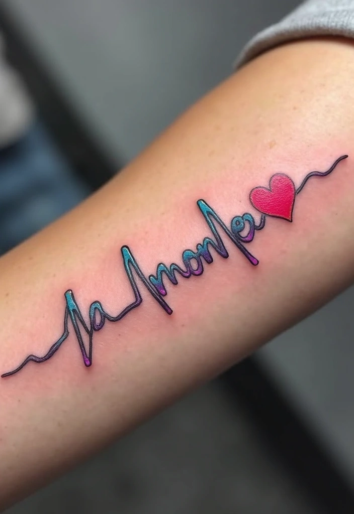 30 Heart Tattoos with Names to Celebrate Love and Bonds - 7. Heartbeat Line with Name