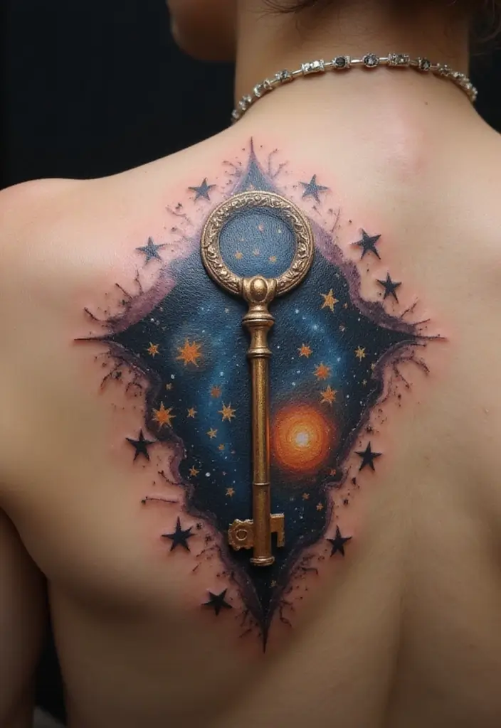 30 Key Lock Tattoo Ideas Symbolizing Love and Mystery - 7. Starry Night Key Lock
