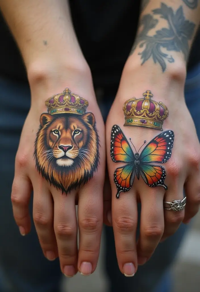 30 King and Queen Tattoos Finger Designs for Couples - 7. Crowned Animal Tattoos