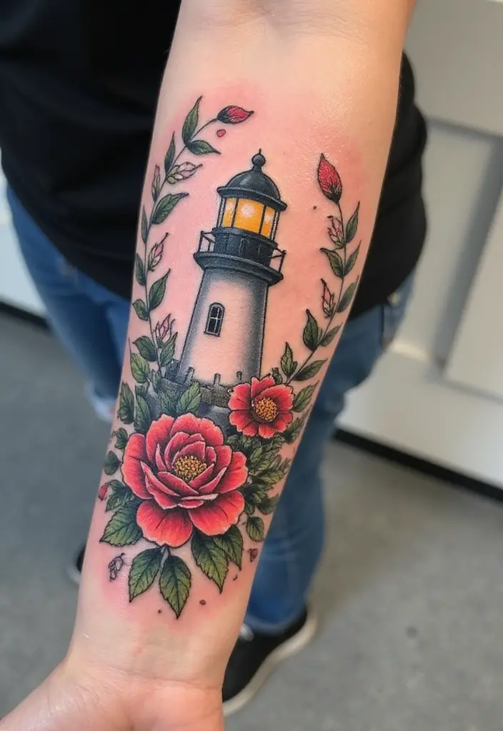 30 Lighthouse Forearm Tattoo Ideas That Guide the Way - 7. Lighthouse with Floral Accents