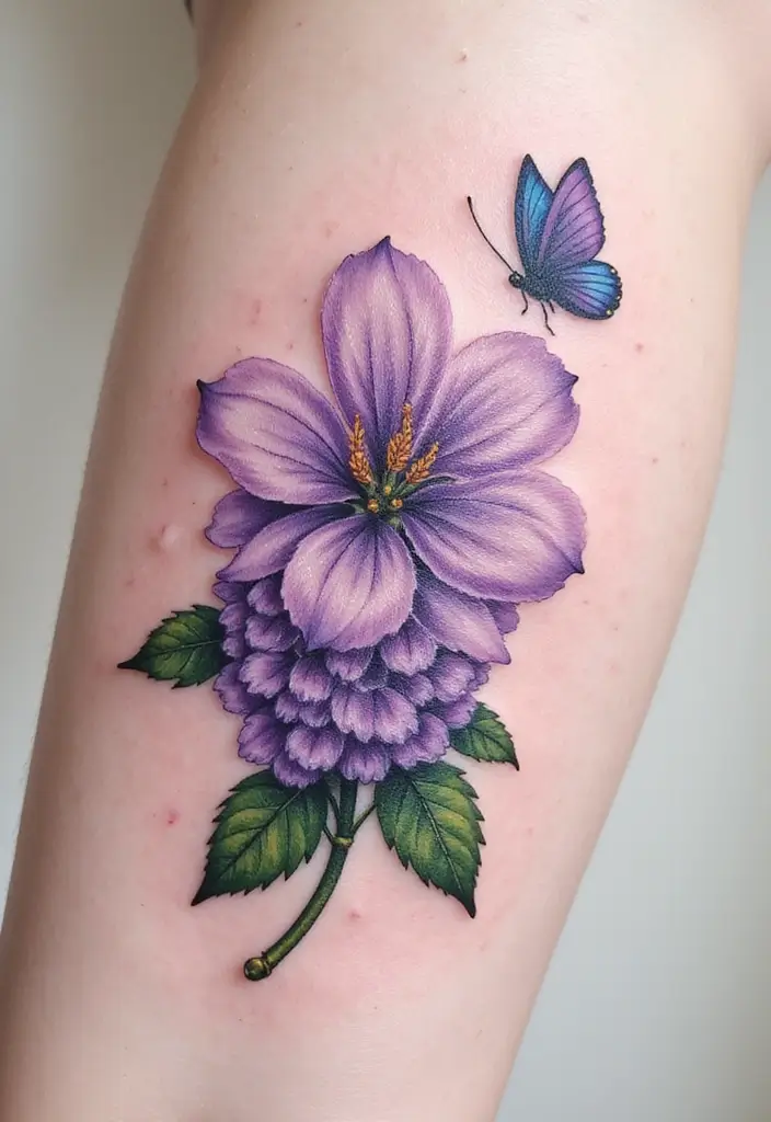 30 Lilac Flower Tattoo Designs with Gentle Symbolism - 7. Lilac and Butterfly