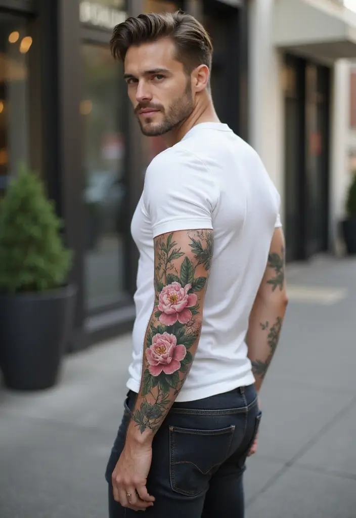 30 Men’s Floral Tattoo Half Sleeve Inspirations - 7. The Artistic Peony