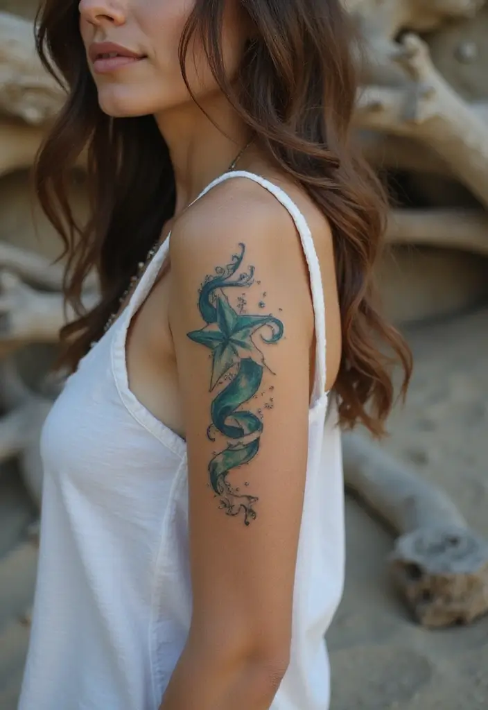 30 Nautical Star Tattoos for Classic Sailor Style - 7. Nautical Star and Waves
