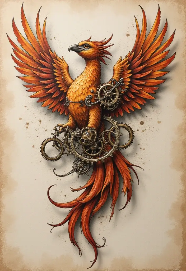 30 Phoenix Reborn Tattoo Designs with Deep Meanings - 7. Steampunk Phoenix