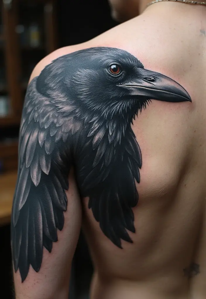 30 Raven Tattoo Shoulder Designs That Look Powerful - 7. Realistic Raven Portrait