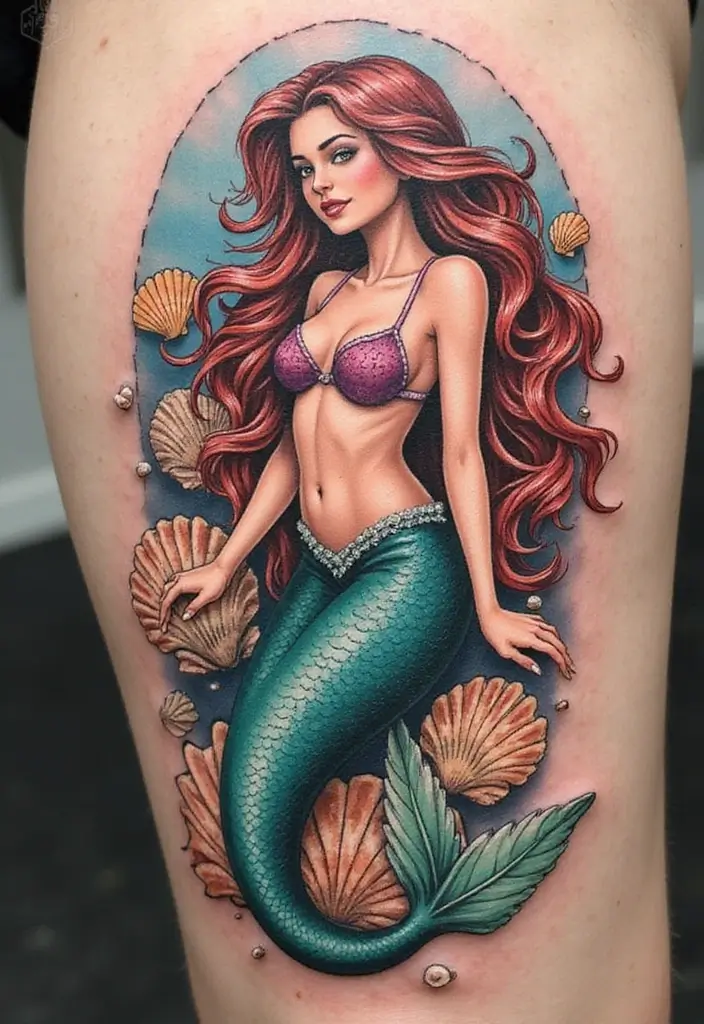 30 Realism Mermaid Tattoo Inspirations That Look Breathtaking - 7. Flowing Hair Majesty