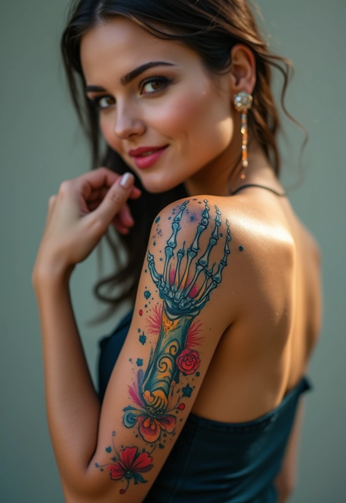 30 Skeleton Hand Tattoos with Edgy and Dark Styles - 7. Abstract Elements