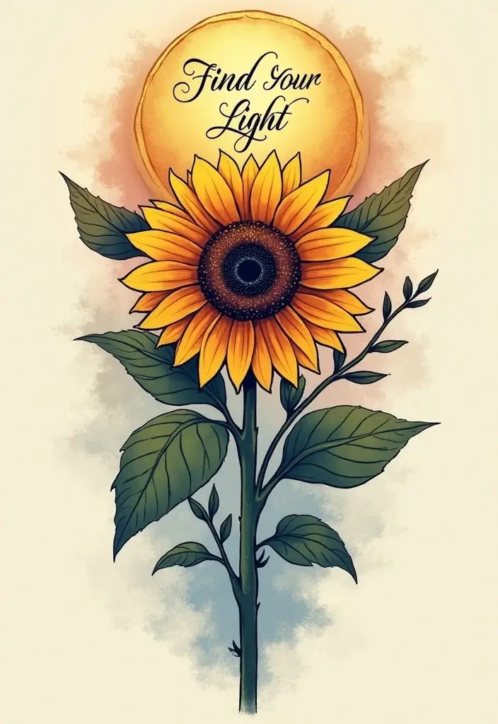 30 Sunflower and Quote Tattoo Ideas Full of Positivity - 7. Sunflower and Moon with 'Find Your Light'