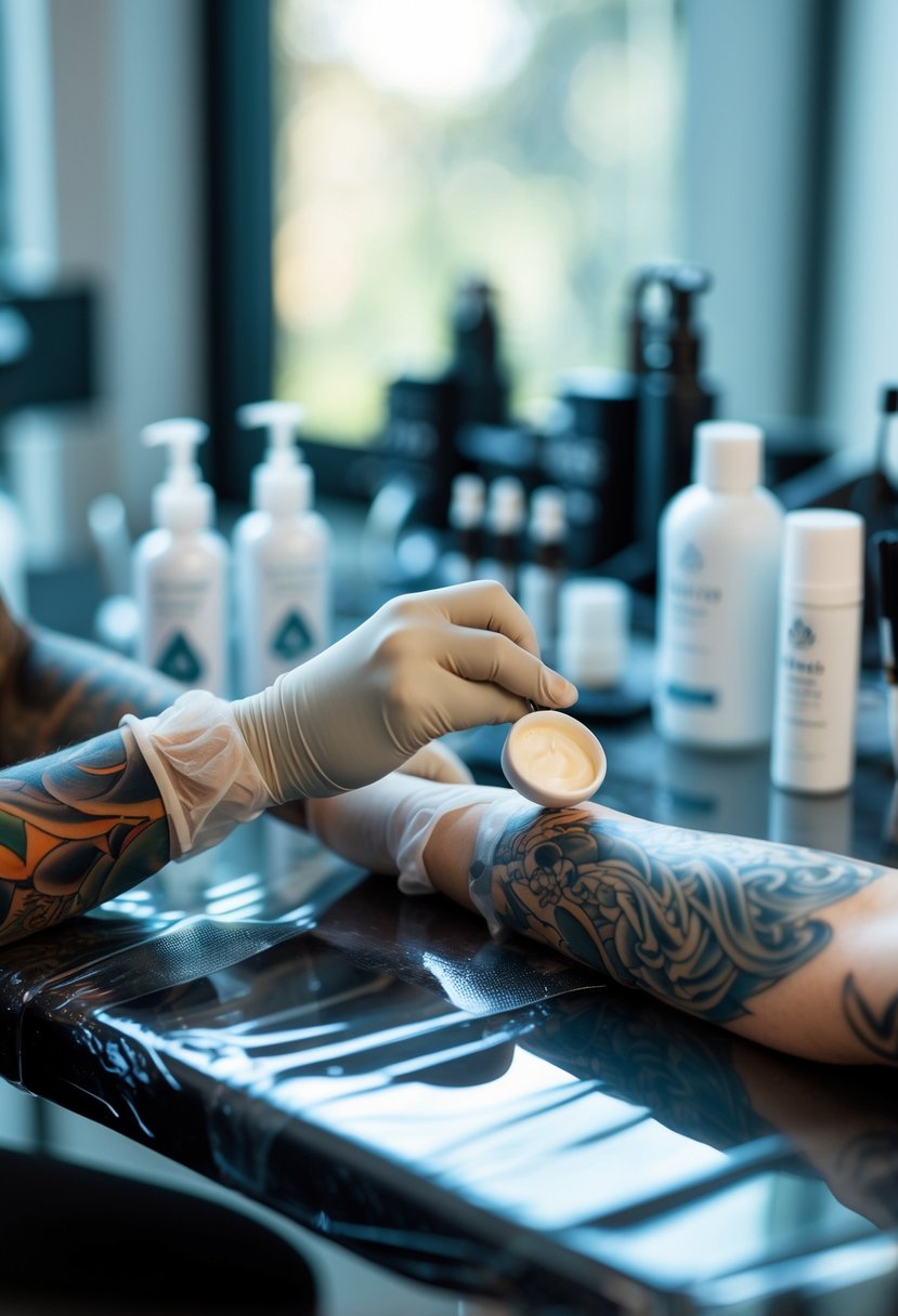 Tattoo Birmingham: Your Complete Directory of Top-Rated Artists and Studios in the City 8 A tattoo artist applying ointment to a fresh tattoo on a client's forearm in a clean tattoo studio.