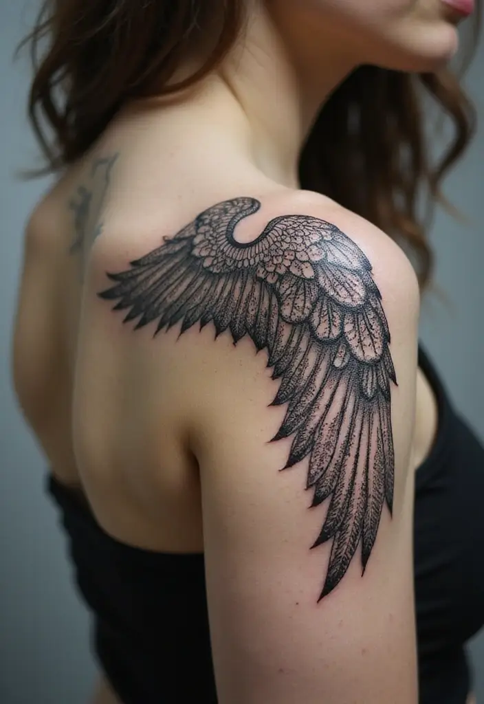 30 Shoulder Wing Tattoo Ideas with Angelic Inspiration - 7. Lace Wing Tattoos