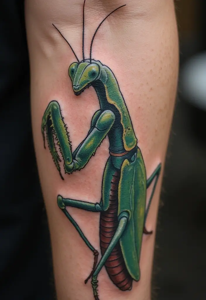 30 Traditional Praying Mantis Tattoo Ideas You’ll Love - 7. Realistic Mantis