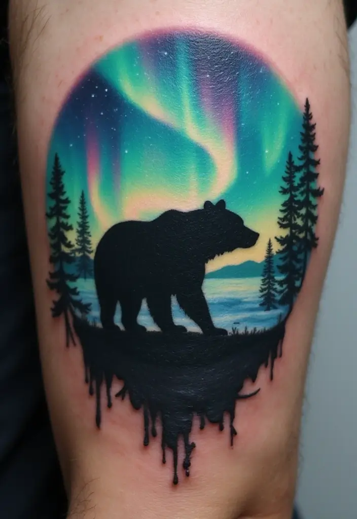 30 Bear Shoulder Tattoo Inspirations with Power and Strength - 8. Northern Lights Bear