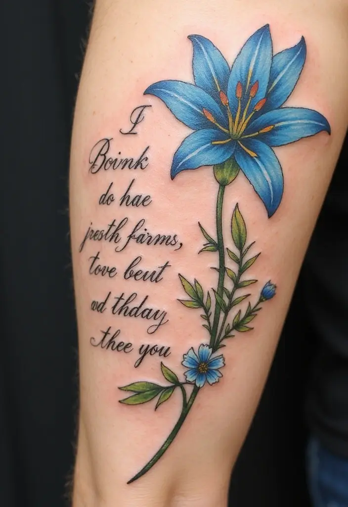 30 Blue Lily Tattoo Designs That Look Elegant - 8. Blue Lily with Quote