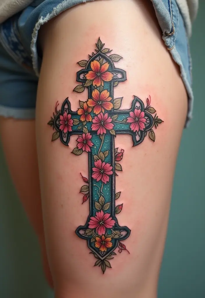 30 Celtic Cross Tattoos with Deep Spiritual Significance - 8. Floral Celtic Cross