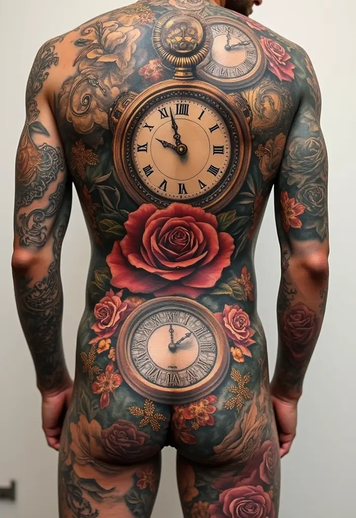30 Clock and Rose Tattoos That Symbolize Time and Love - 8. Clock and Rose Sleeve
