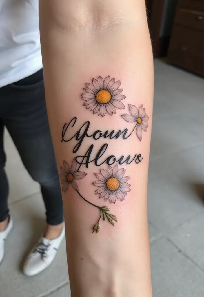 30 Colorful Daisy Tattoo Inspirations Full of Joy - 8. Spirited Daisies with Script