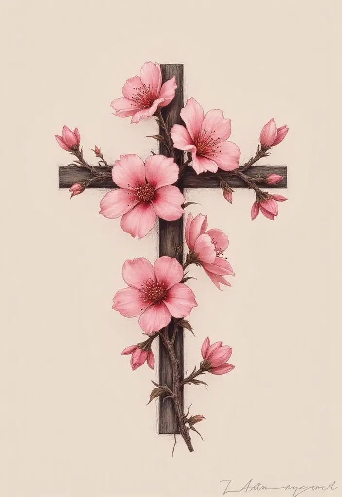 30 Cross with Flowers Tattoo Ideas That Blend Faith and Beauty - 8. Cross with Cherry Blossoms