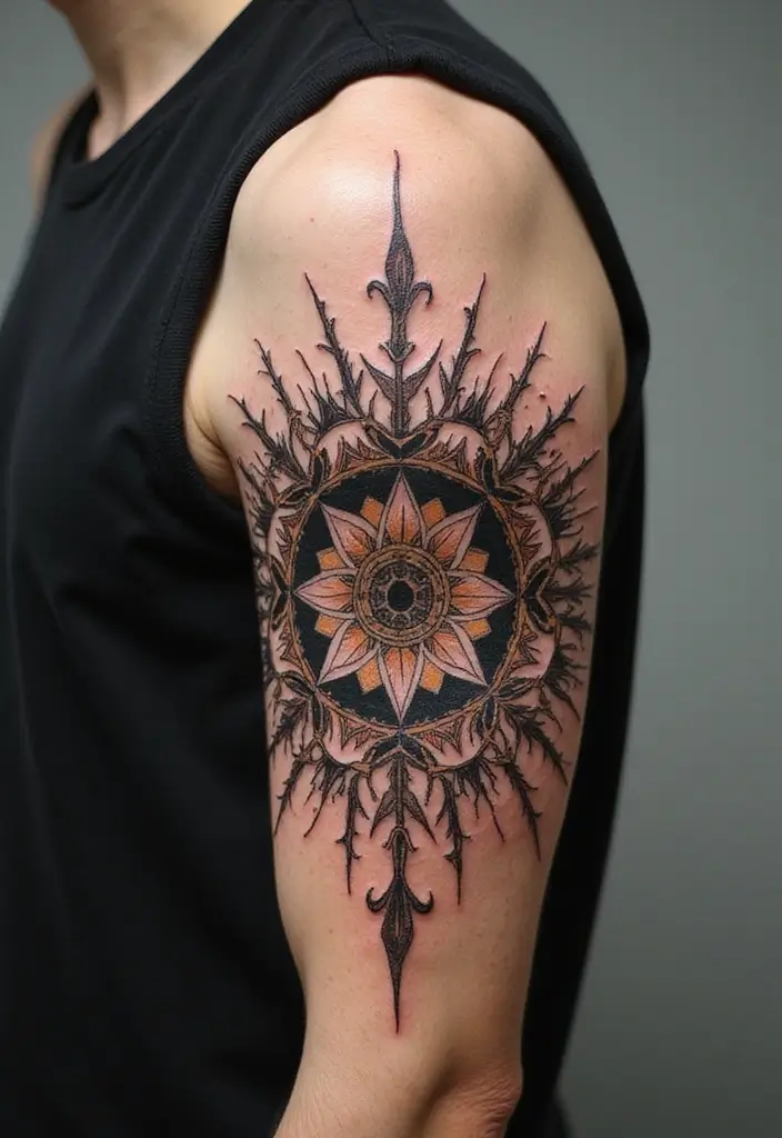 30 Crown of Thorns Bicep Tattoo Inspirations You’ll Admire - 8. Floral Mandala Fusion