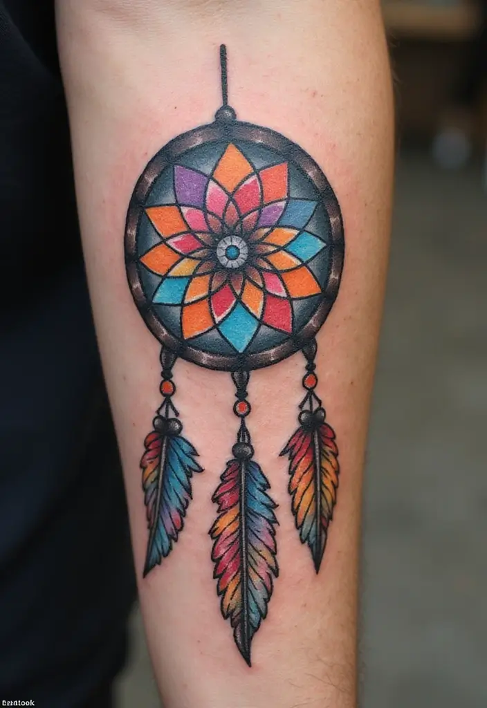 30 Dream Catcher Tattoo Ideas for Men with Protective Energy - 8. Oval-shaped Dream Catcher