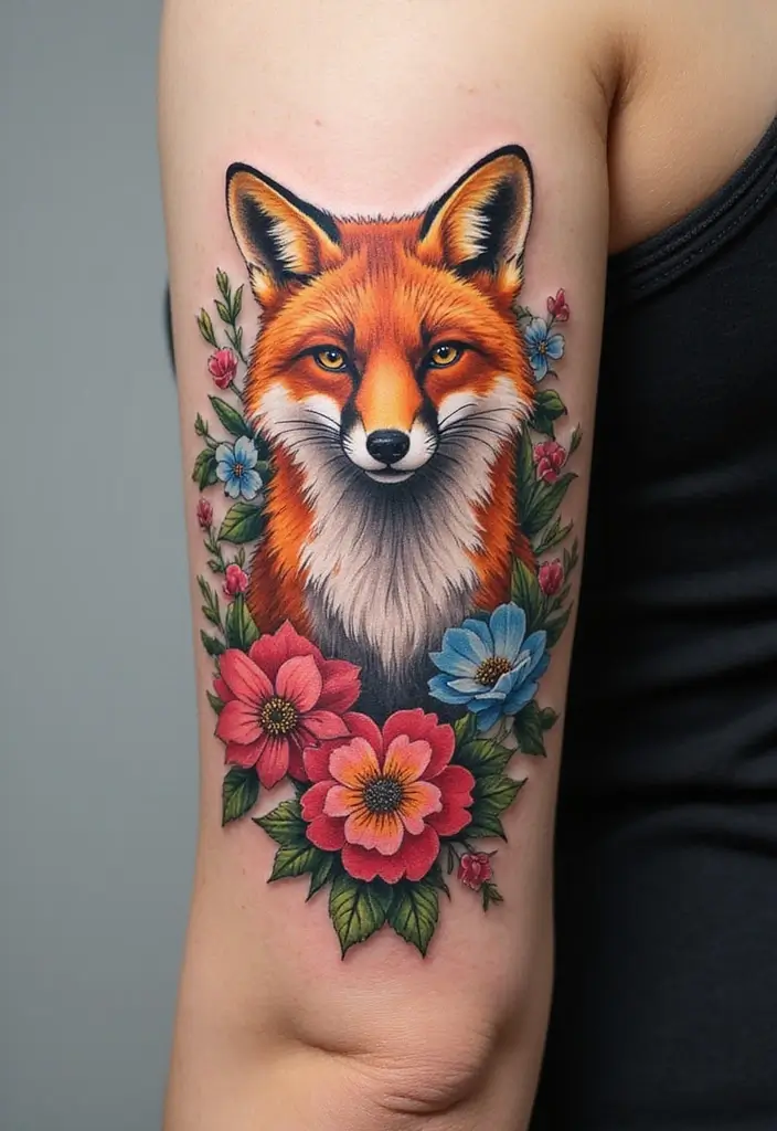 30 Fox Tattoos for Women That Highlight Feminine Energy - 8. Fox with Flowers on Arm
