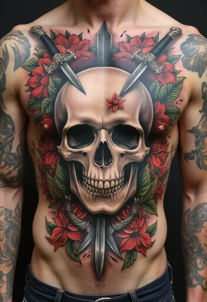30 Full Chest Tattoos for Men with Powerful Visual Impact - 8. Skulls and Bones