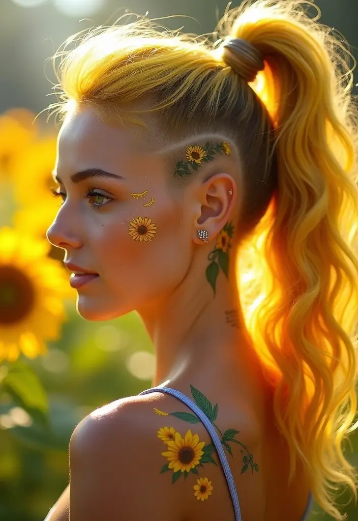 30 Creative Hair Tattoos for Ladies That Stand Out - 8. Stunning Sunflowers
