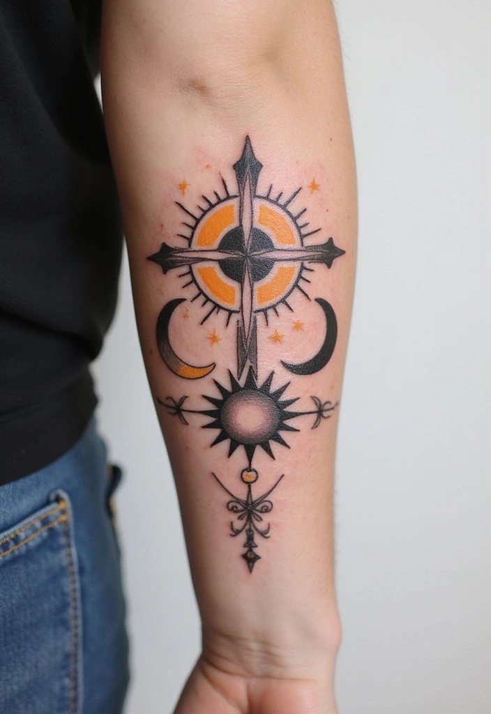 30 Hand Cross Tattoos That Blend Faith and Style - 8. Cross with Sun and Moon