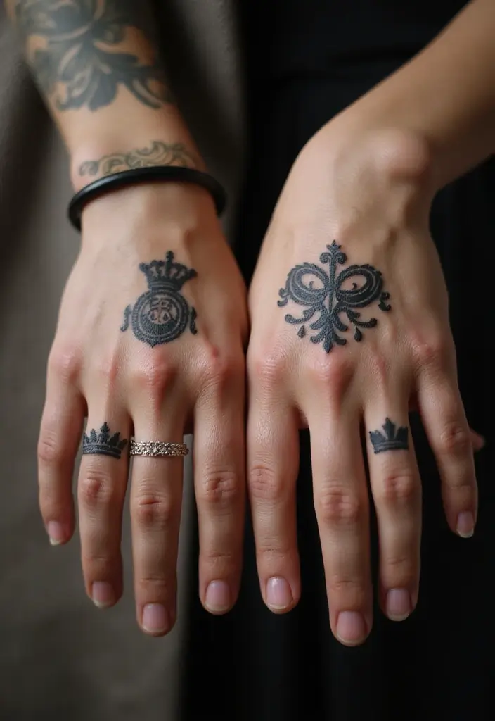 30 King and Queen Tattoos Finger Designs for Couples - 8. Matching Royal Emblems