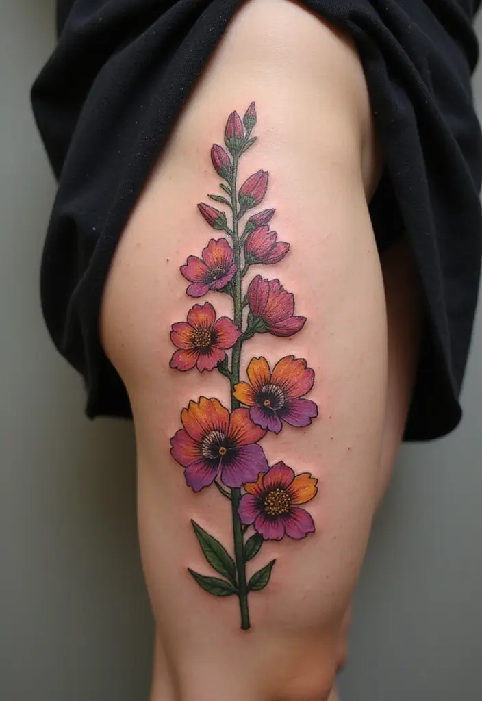 30 Larkspur Tattoo Designs Inspired by Birth Flowers - 8. Larkspur in Full Bloom