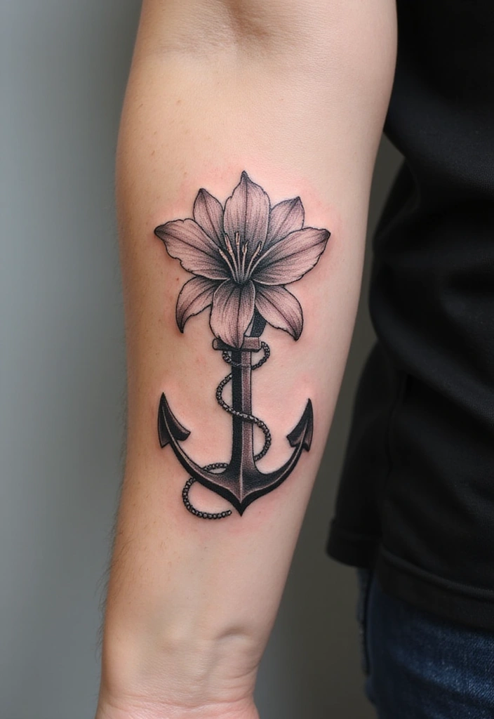 30 Lily Tattoos for Men That Balance Strength and Elegance - 8. Lily and Anchor Combo