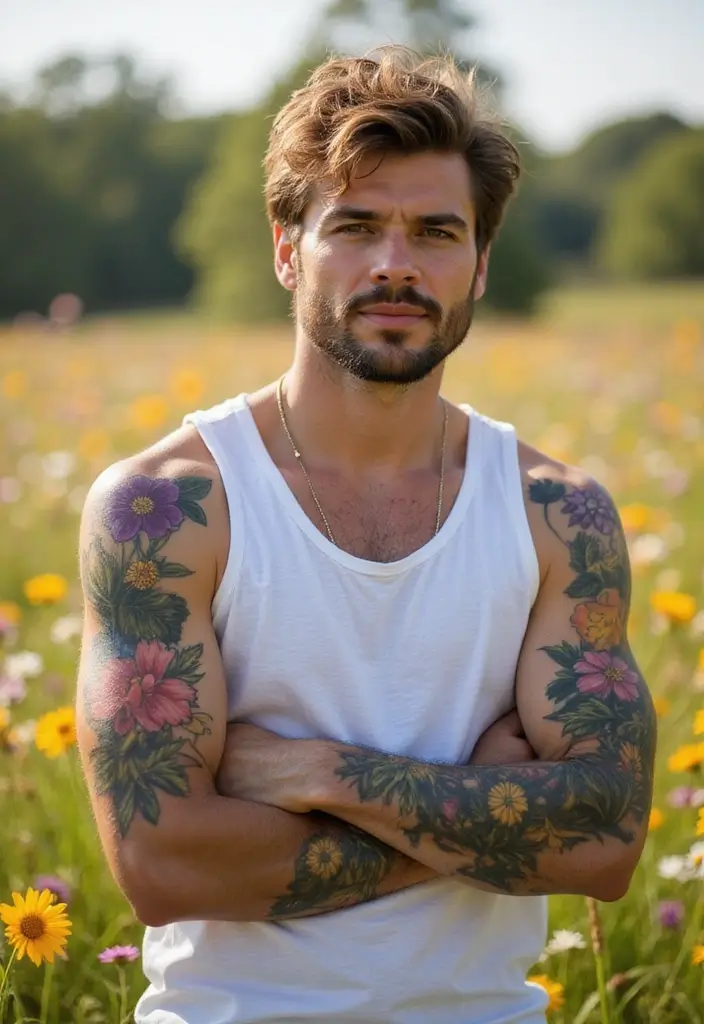 30 Mens Flower Sleeve Tattoo Ideas with Bold Florals - 8. Wildflowers for Free Spirits