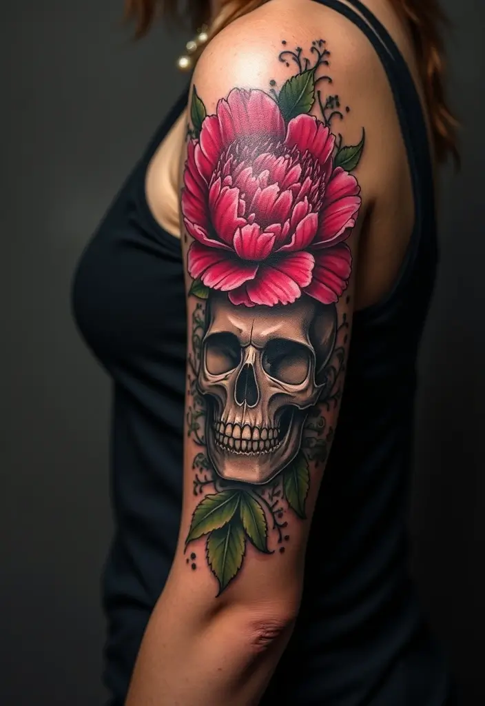 30 Peony Tattoo Ideas with Meaning and Elegance - 8. Peony and Skull