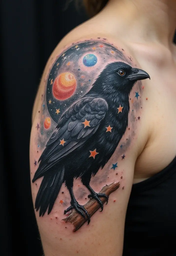 30 Raven Tattoo Shoulder Designs That Look Powerful - 8. Celestial Raven