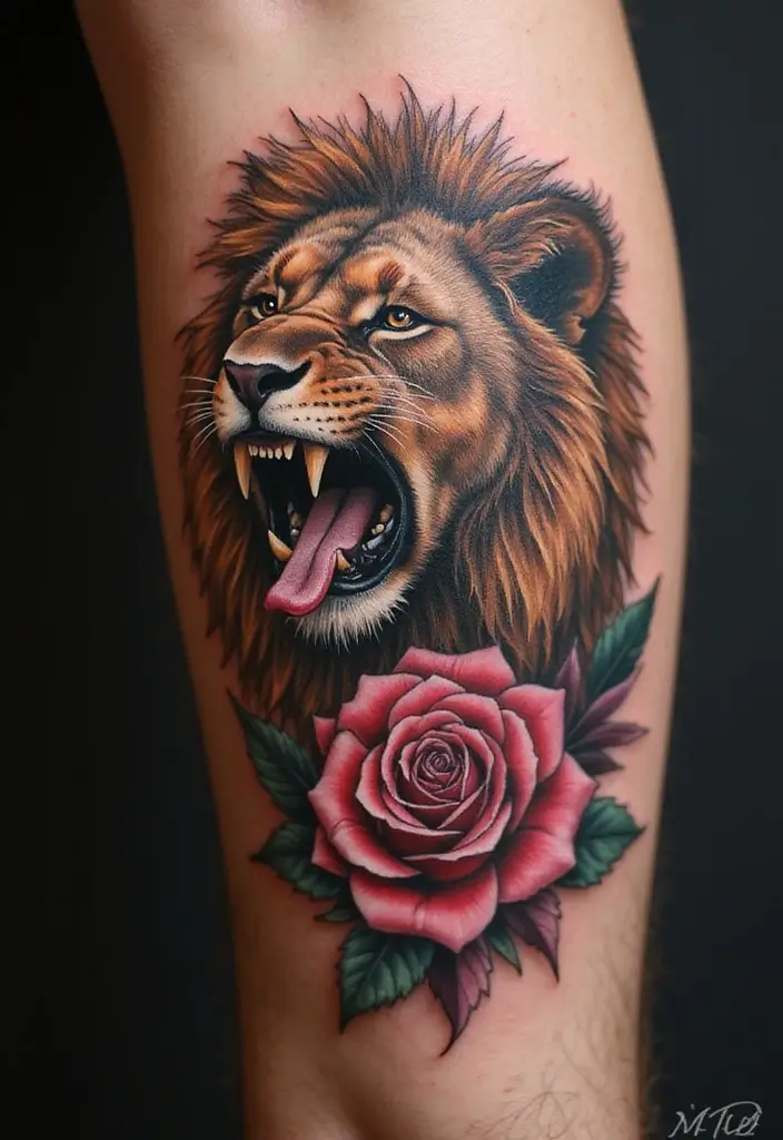 30 Roar Lion Tattoo Inspirations That Show Strength - 8. Lion and Rose: A Symbol of Strength and Love