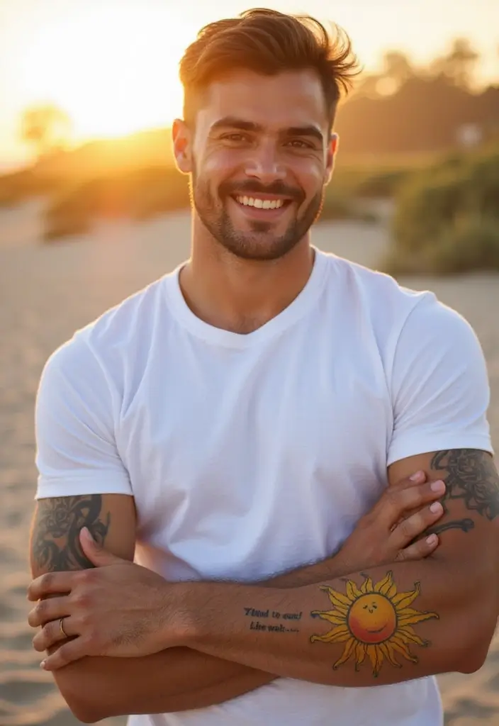 30 Sun Tattoo Men Ideas for Radiant Energy - 8. Sun Tattoo with Quote
