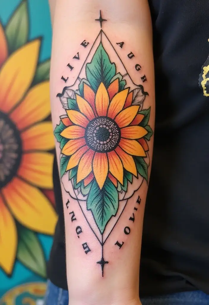 30 Sunflower and Quote Tattoo Ideas Full of Positivity - 8. Abstract Sunflower with 'Live Laugh Love'